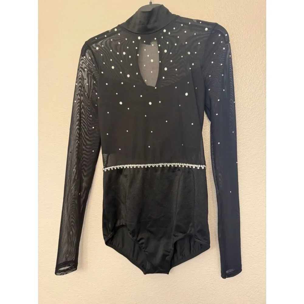 WEISSMAN Dance Costume black rhinestone crystal leotard illusion BOOM 14096 SA